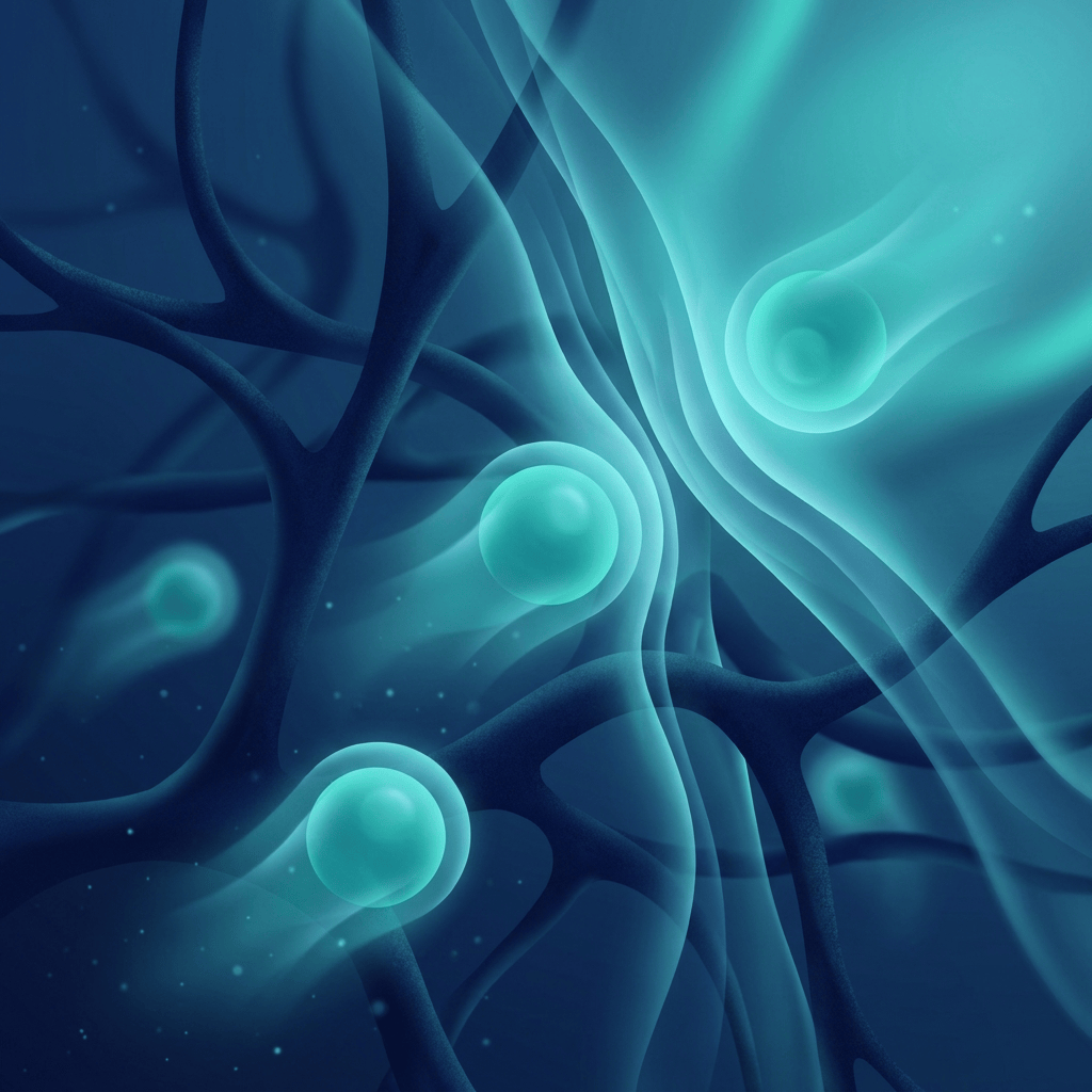Abstract illustration symbolizing natural killer cell therapy targeting tumor cells in teal and navy tones