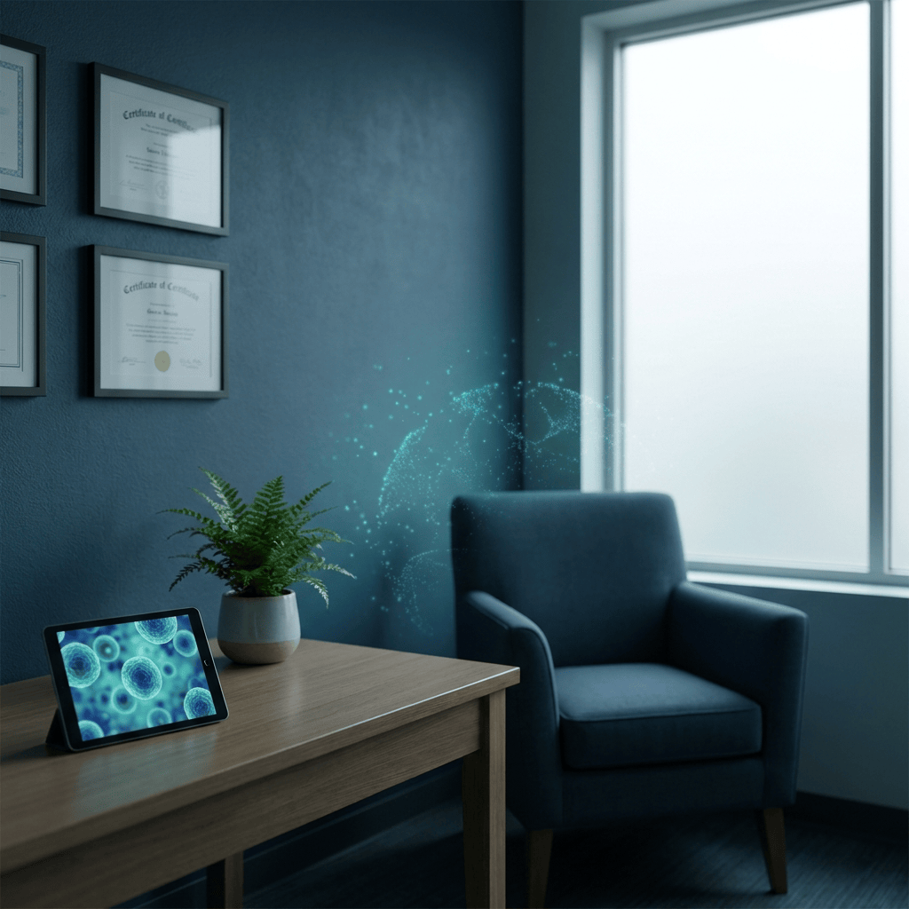 Calm clinical consultation setting representing stem cell therapy hair treatment decisions