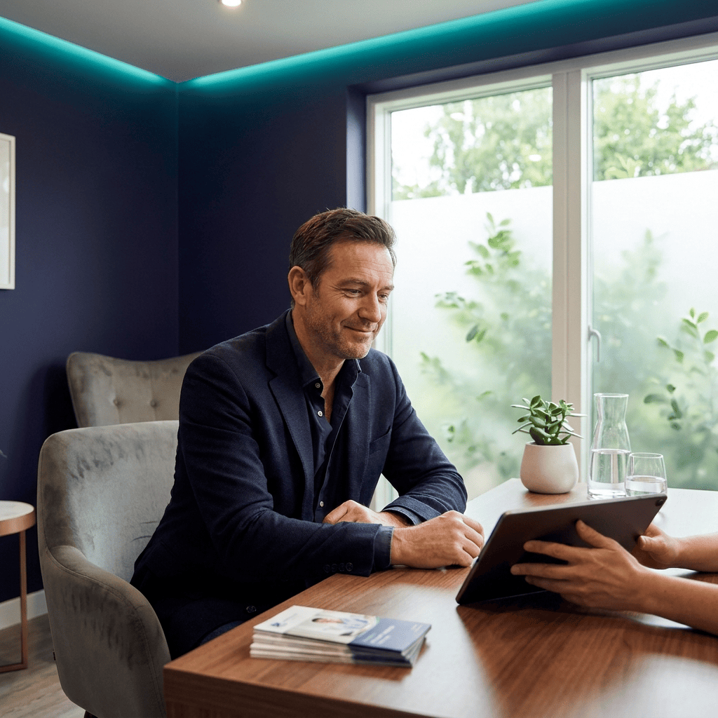 Man consulting about stem cell therapy for hair restoration in a modern clinic setting