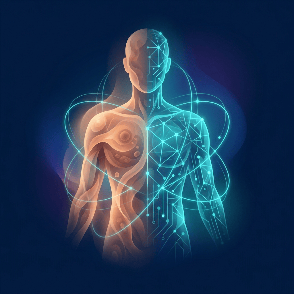 Abstract illustration of bio medical devices merging organic form with teal digital circuitry