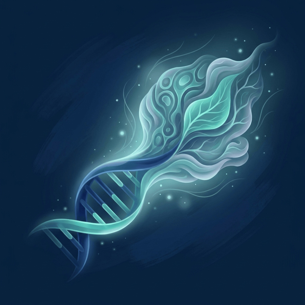 Abstract illustration symbolizing biotechnology and cell regeneration in teal and navy tones