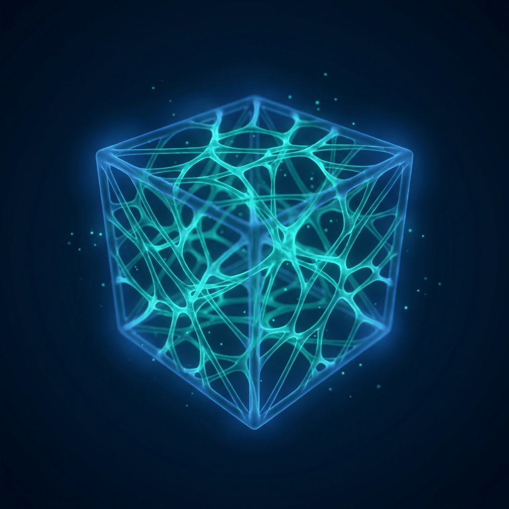 Glowing scaffold lattice with teal vascular network illustrating tissue engineering concepts