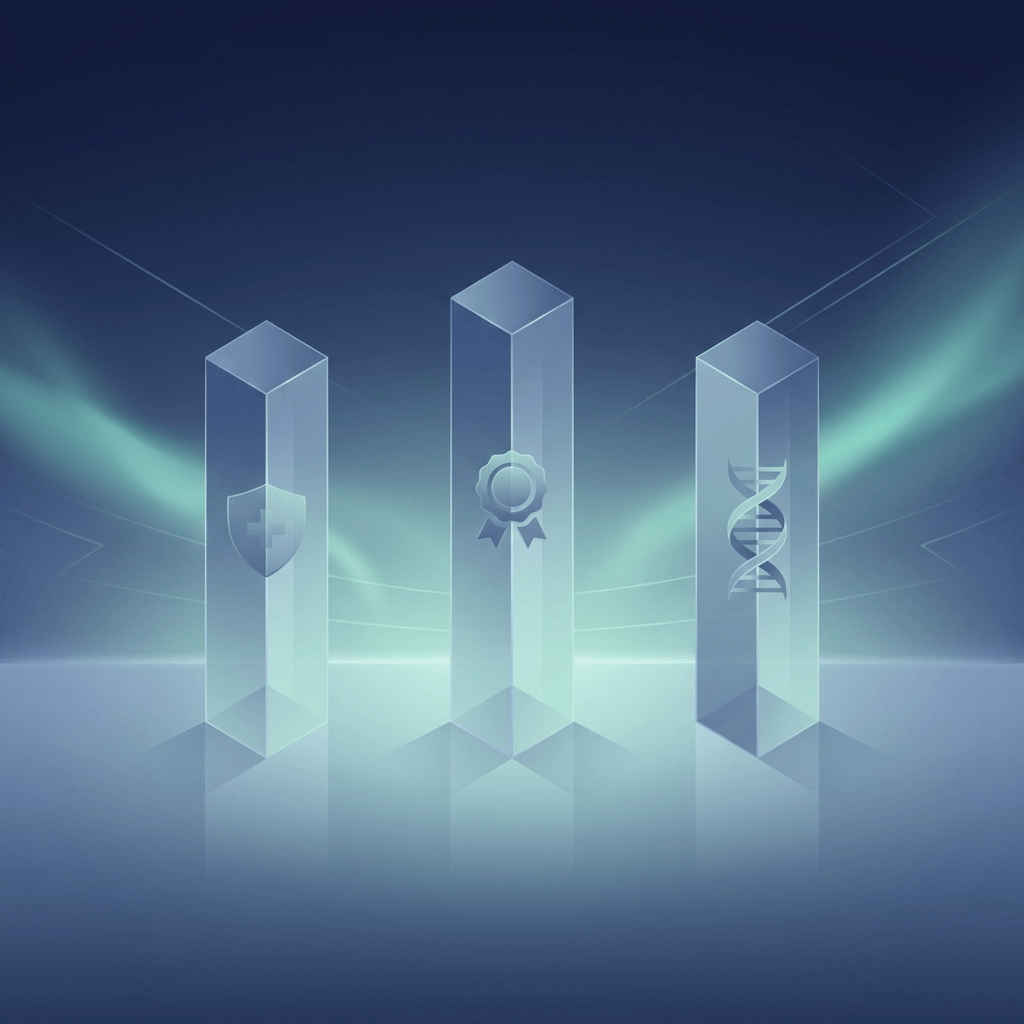 Three glowing pillars symbolizing trust standards for regenerative medicine companies