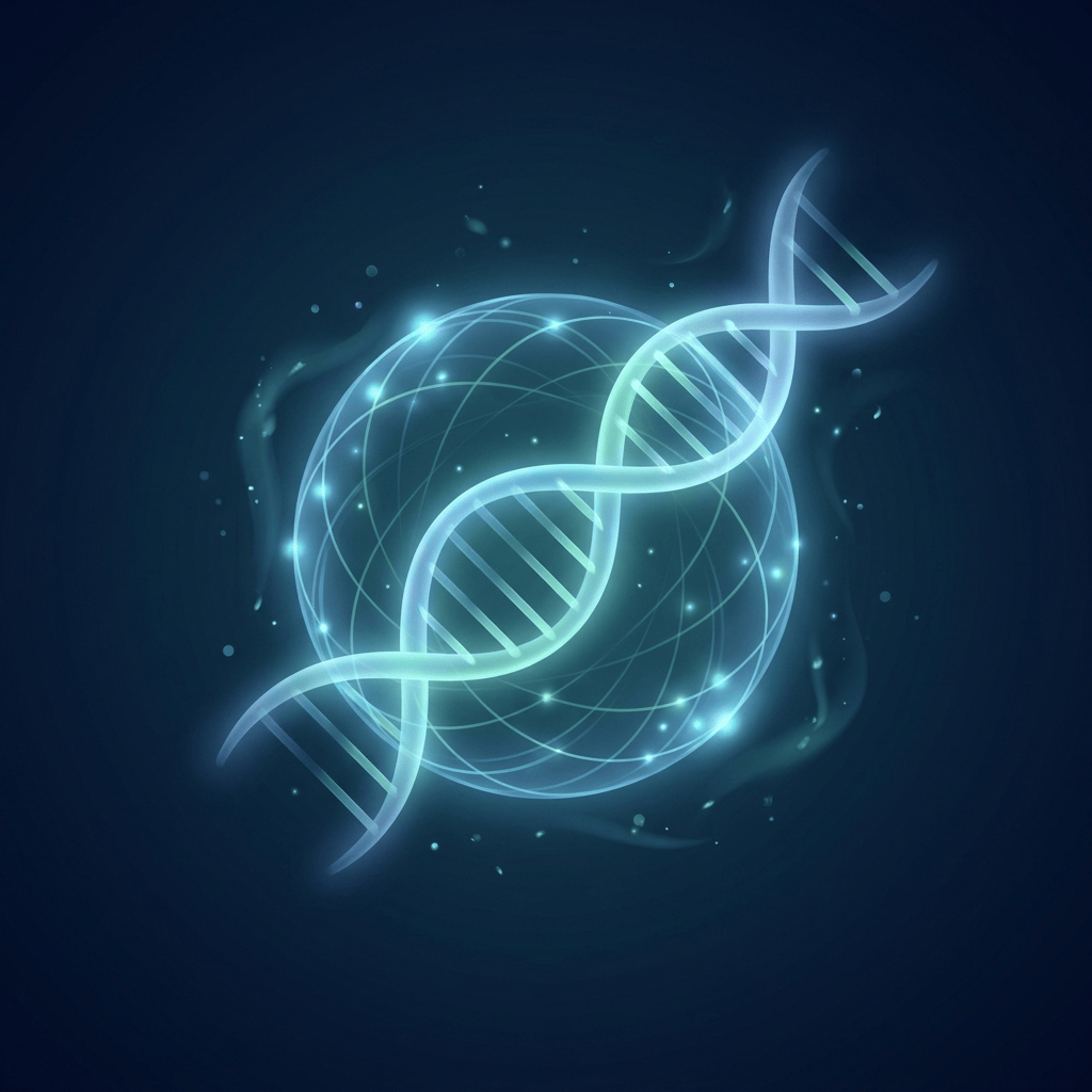 Abstract illustration symbolizing cell gene therapy with glowing DNA and cell structures in teal and navy tones
