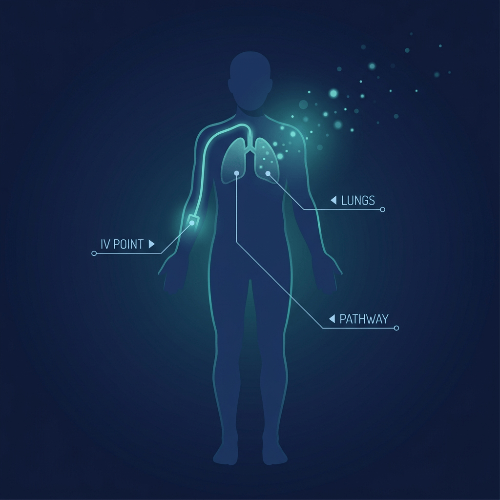 Conceptual illustration showing stem cell IV therapy pathway through the body in teal and navy tones