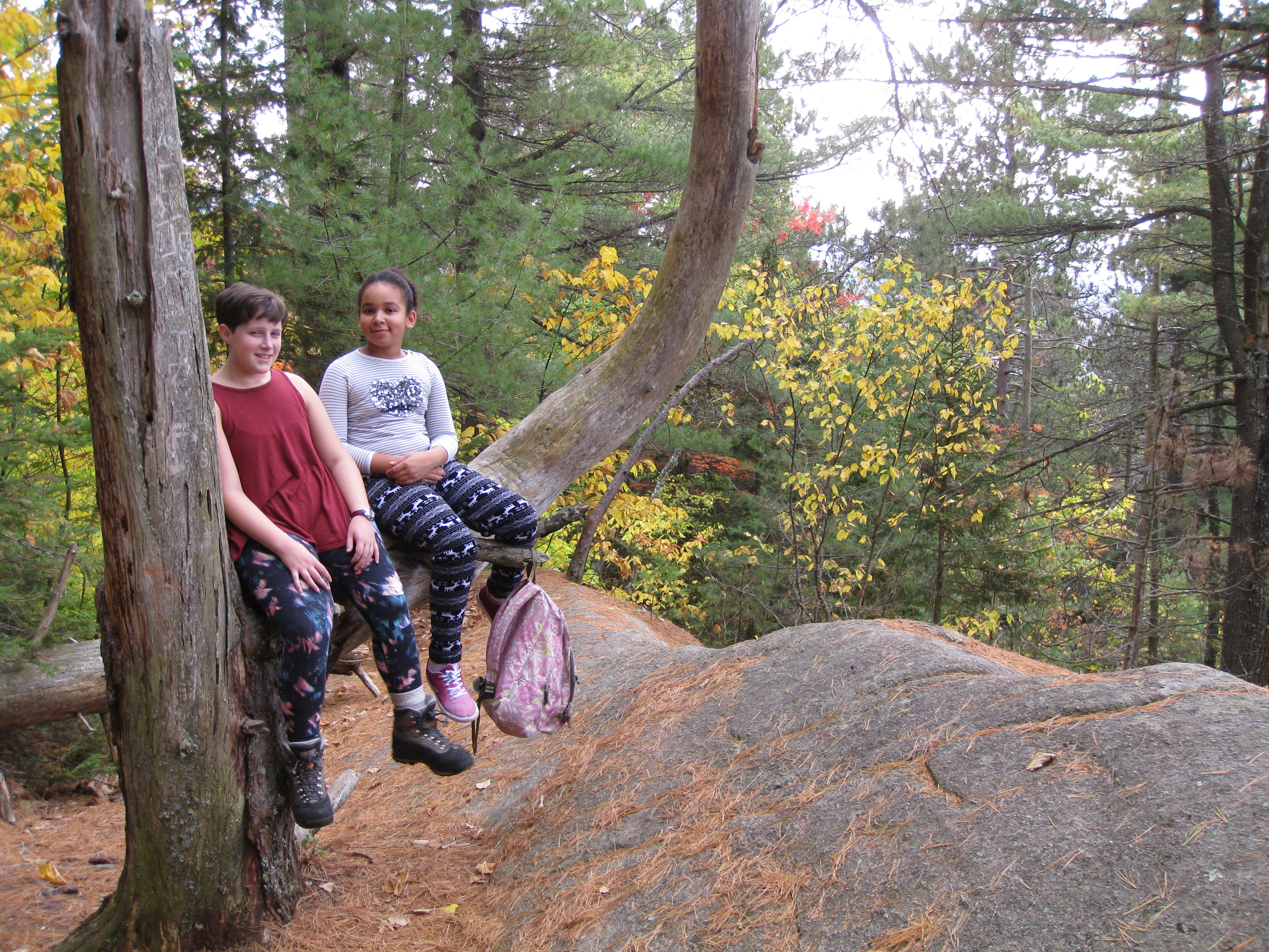 Friends Brigid and Eniola taking a break at a favorite photo-op spot on the Silver Lake Mountain trail.
