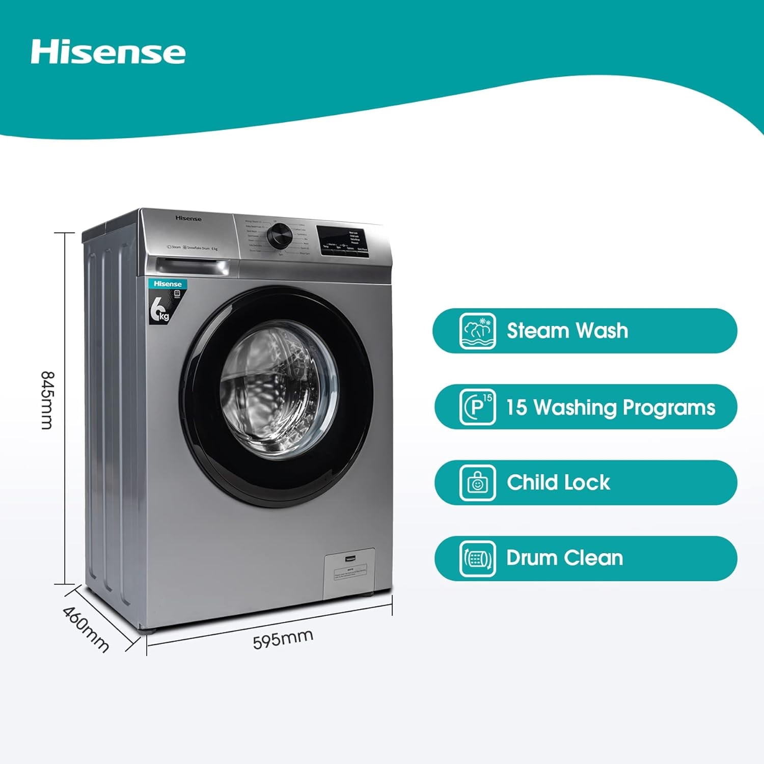 Machine à Laver Hisense 6 kg - Chargement Frontal - Titanium Gris - WFVB6010MS - Classe A+++ - 12 Mois de Garantie