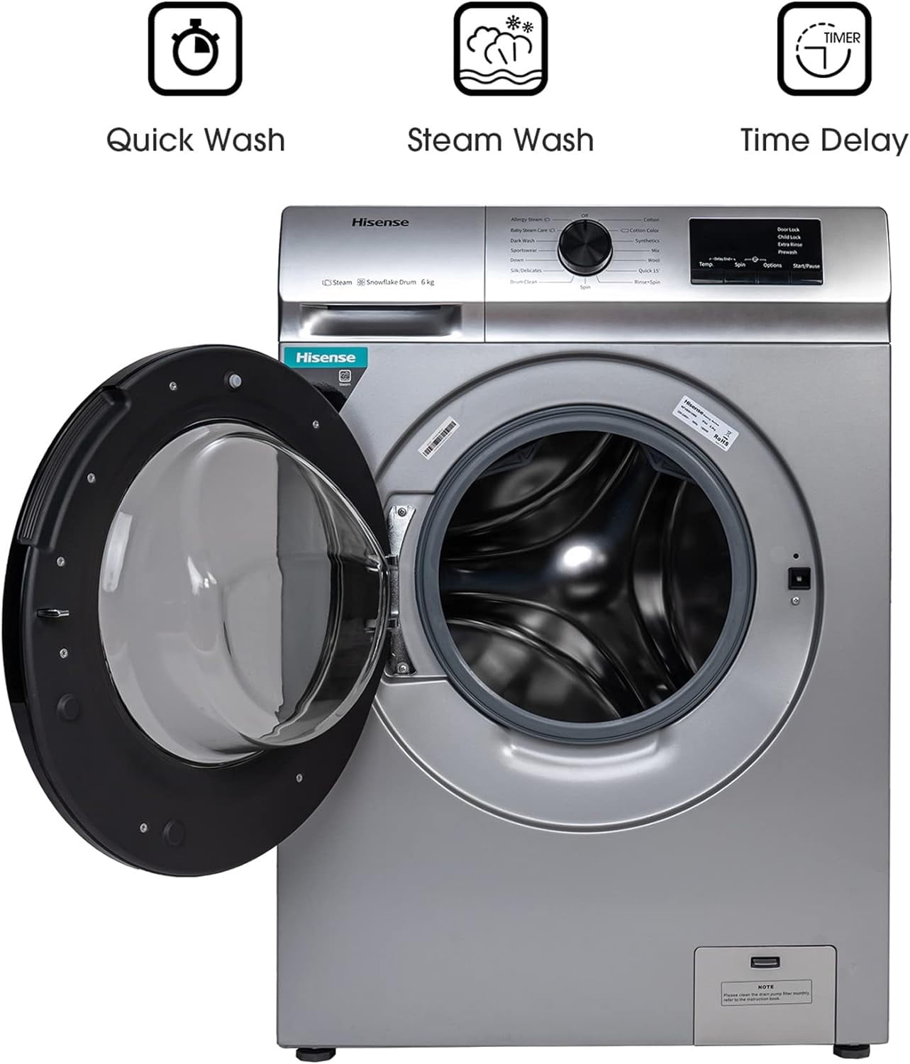 Machine à Laver Hisense 6 kg - Chargement Frontal - Titanium Gris - WFVB6010MS - Classe A+++ - 12 Mois de Garantie