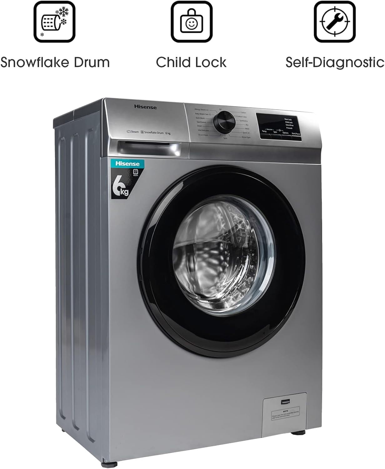 Machine à Laver Hisense 6 kg - Chargement Frontal - Titanium Gris - WFVB6010MS - Classe A+++ - 12 Mois de Garantie