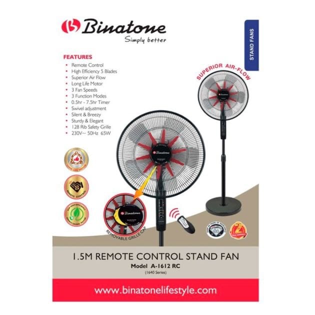 Ventilateur sur pied - Binatone - 16" - Avec télécommande - A-1612RC - Noir/Rouge - Garantie 3 Mois