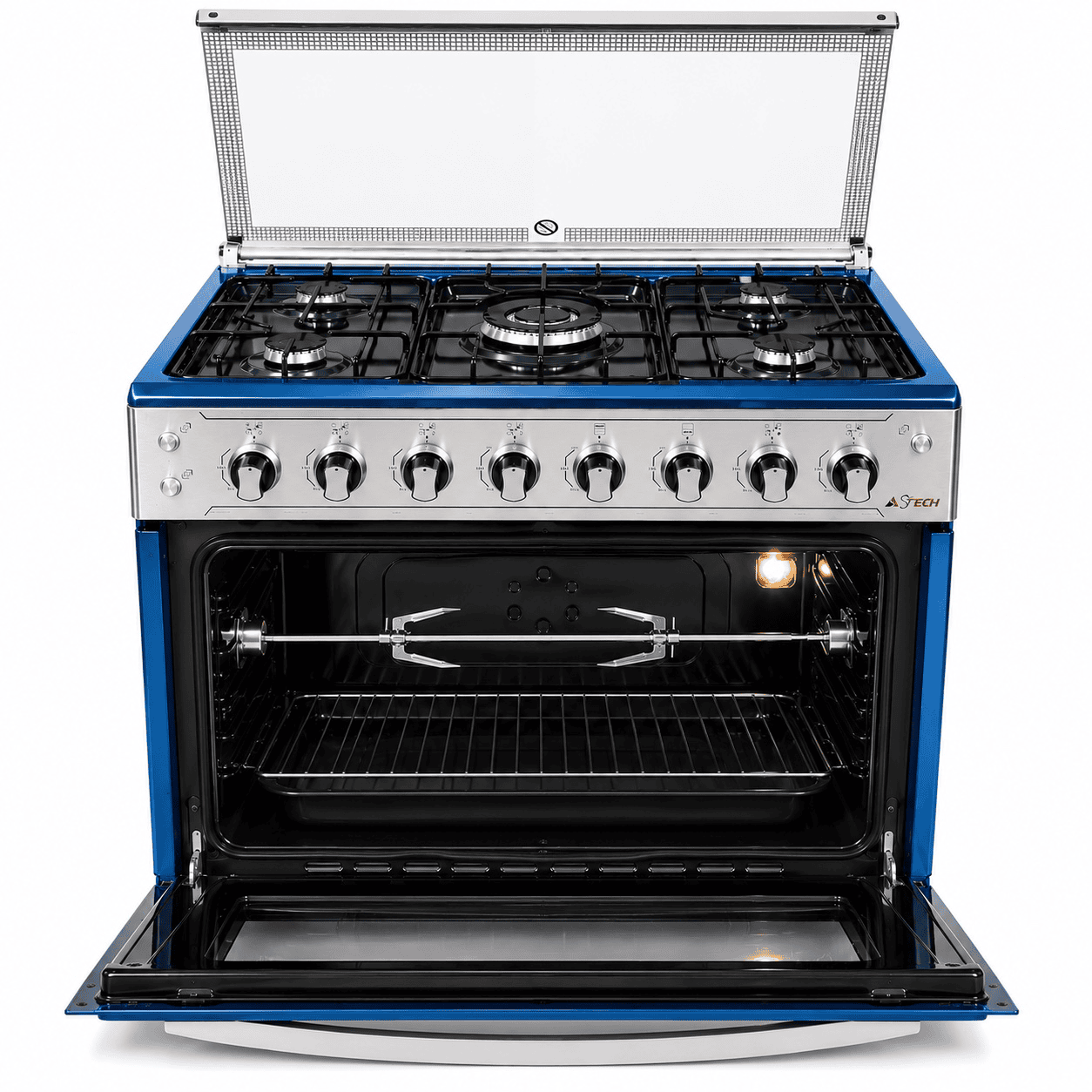 Cuisinière ASTECH - 80x60 Inox – 5 Feux Gaz dont Wok, Four à Gaz avec Tournebroche, Allumage par Bouton