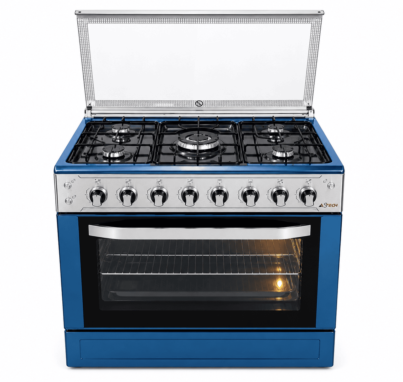 Cuisinière ASTECH - 80x60 Inox – 5 Feux Gaz dont Wok, Four à Gaz avec Tournebroche, Allumage par Bouton