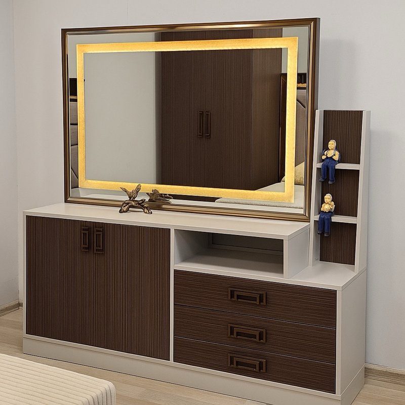 Chambre à Coucher Complète ANKA – 6 Pièces – Armoire 6 Battants – Lit 180x200 – Coiffeuse, Pouf & Banquette – Couleur Marron Gris Élégant