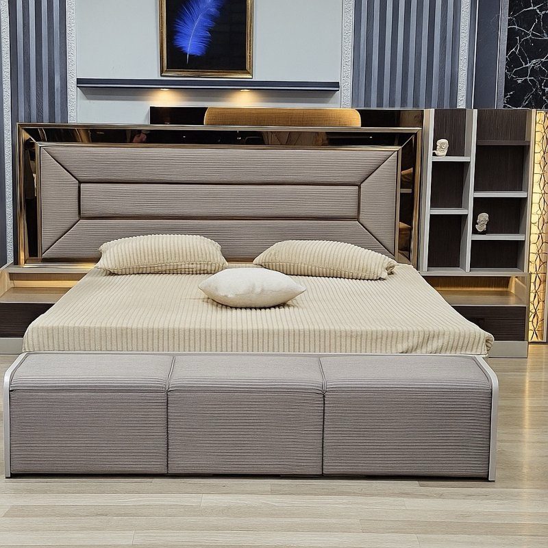 Chambre à Coucher Complète ANKA – 6 Pièces – Armoire 6 Battants – Lit 180x200 – Coiffeuse, Pouf & Banquette – Couleur Marron Gris Élégant