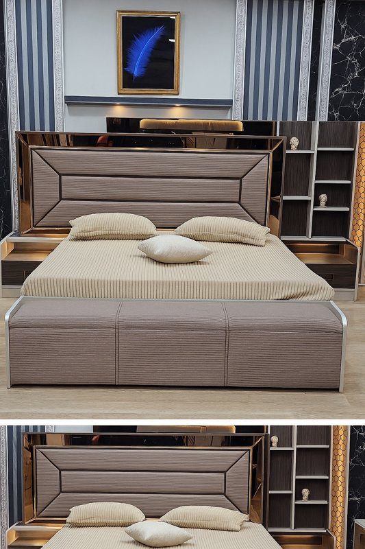 Chambre à Coucher Complète ANKA – 6 Pièces – Armoire 6 Battants – Lit 180x200 – Coiffeuse, Pouf & Banquette – Couleur Marron Gris Élégant
