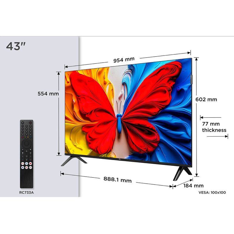 Téléviseur TCL 43 Pouces QLED 4K Smart TV 43S5K – HDR10, Google TV, Wi-Fi & Bluetooth
