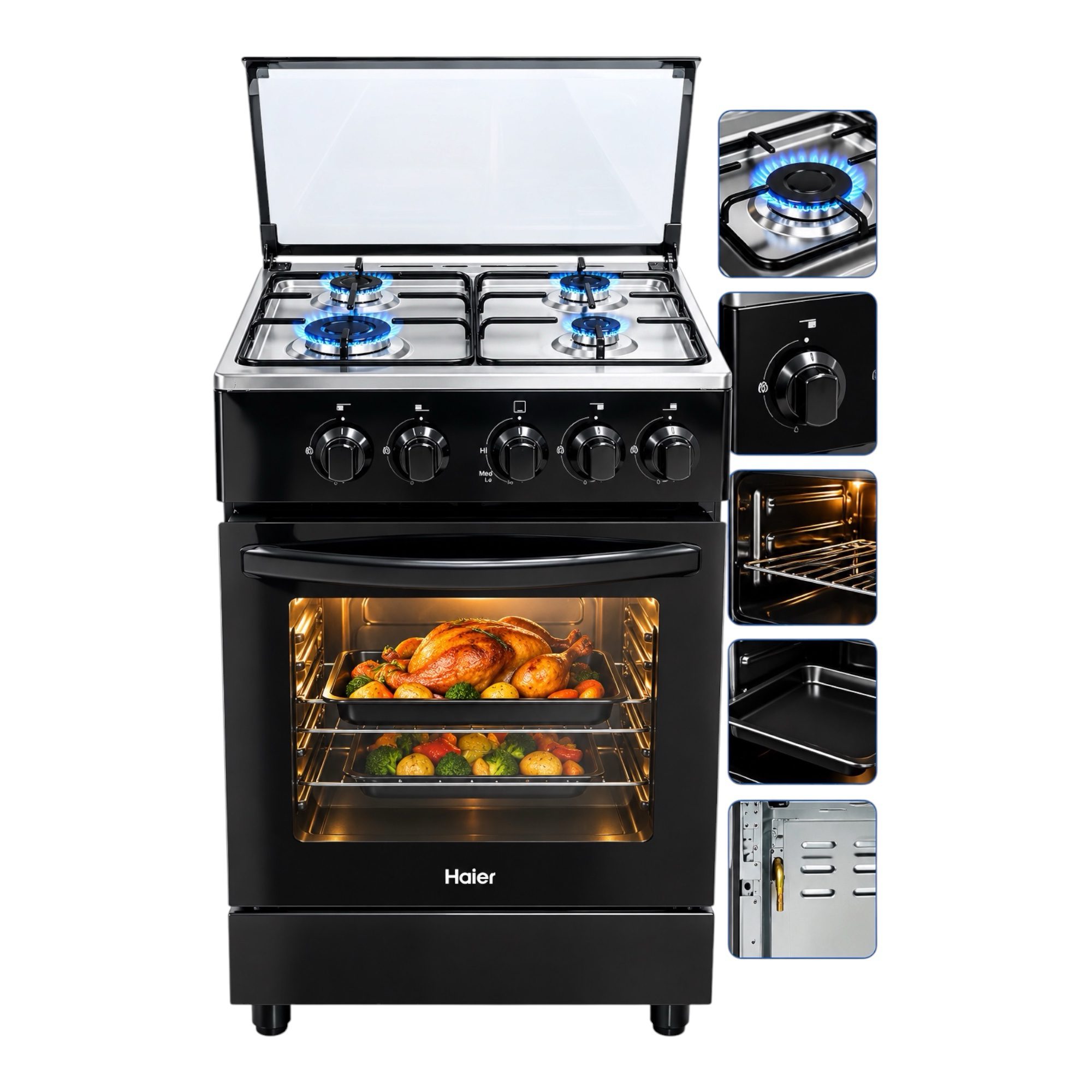 CUISINIÈRE À GAZ - HAIER - HRG5400ADNMB – 4FEUX 50/50 AVEC FOUR ET GRIL
