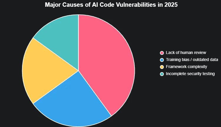 Pie chart displaying the leading causes of AI-generated code vulnerabilities in 2025, highlighting lack of human review, biased training data, and framework complexity as top factors.