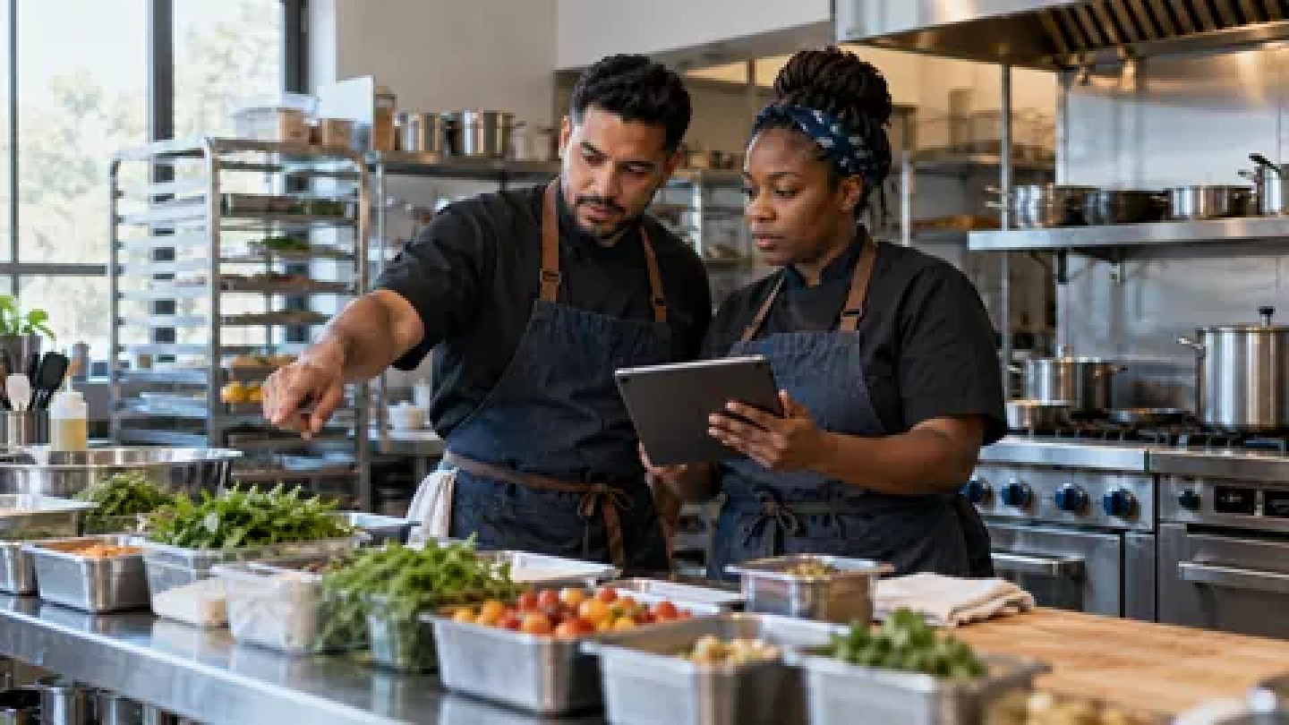 Illustrative photograph: Catering business co-owners checking a digital preparation checklist