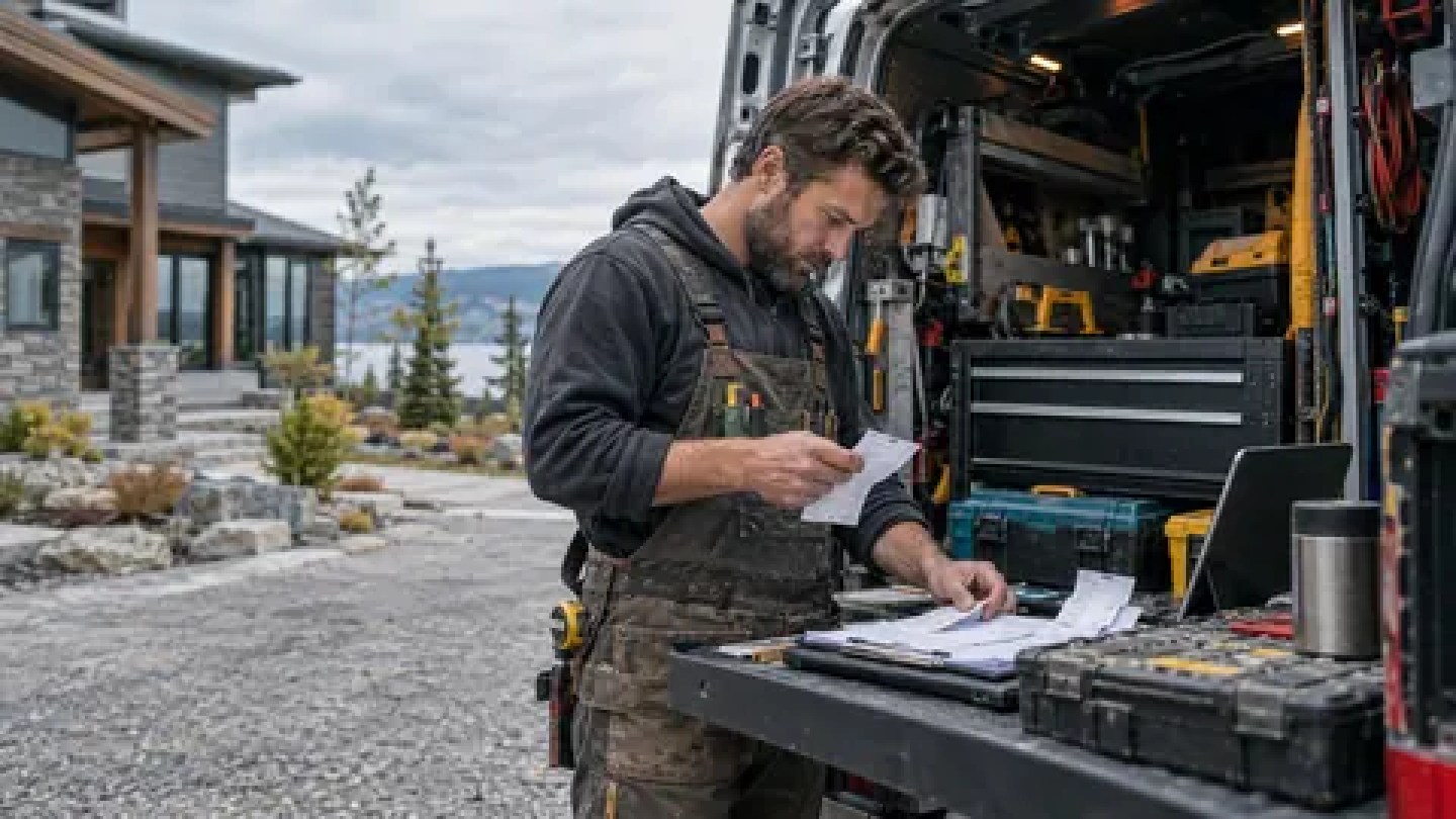 Illustrative photograph: Contractor preparing an estimate beside tools in a parked work van
