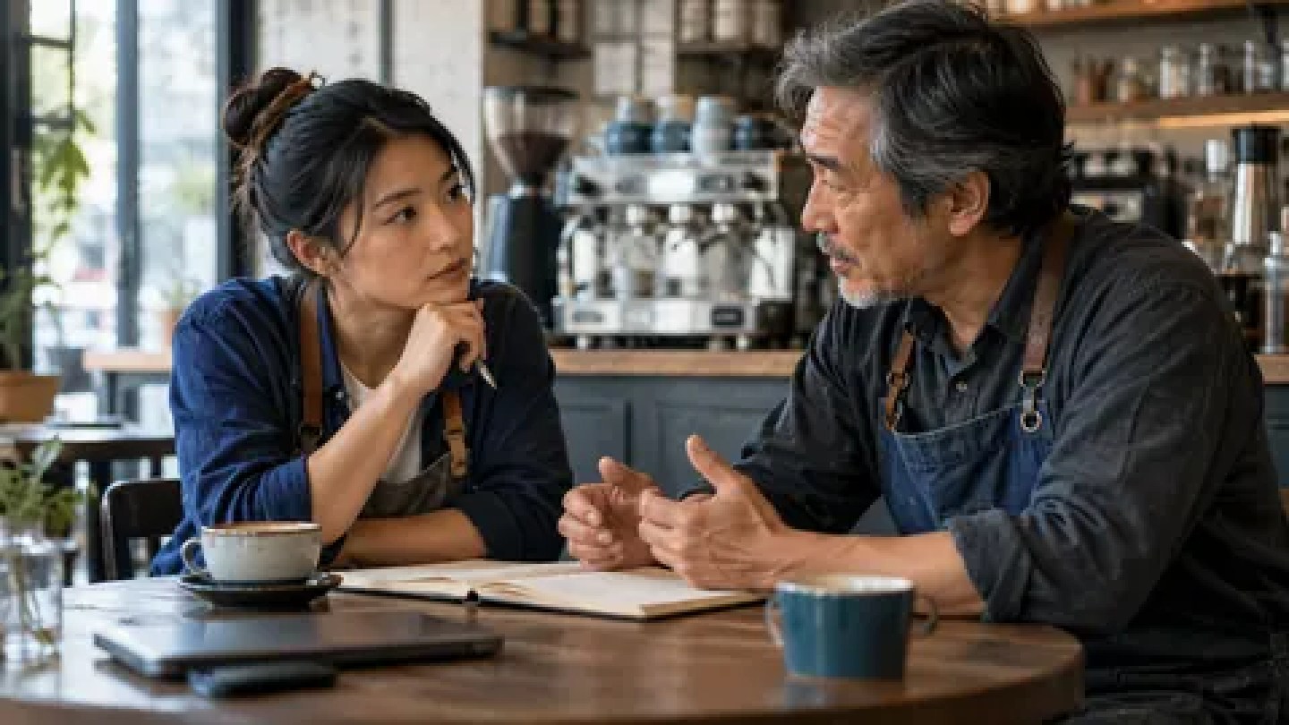 Illustrative photograph: Entrepreneur listening to a cafe owner during a research interview