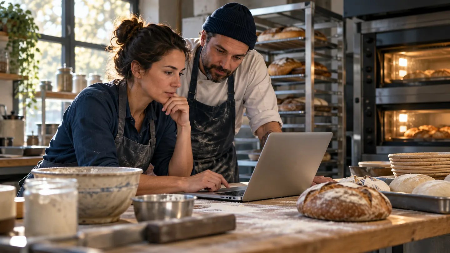 Bakery owner and coworker review a procedure on a laptop at a bakery workbench