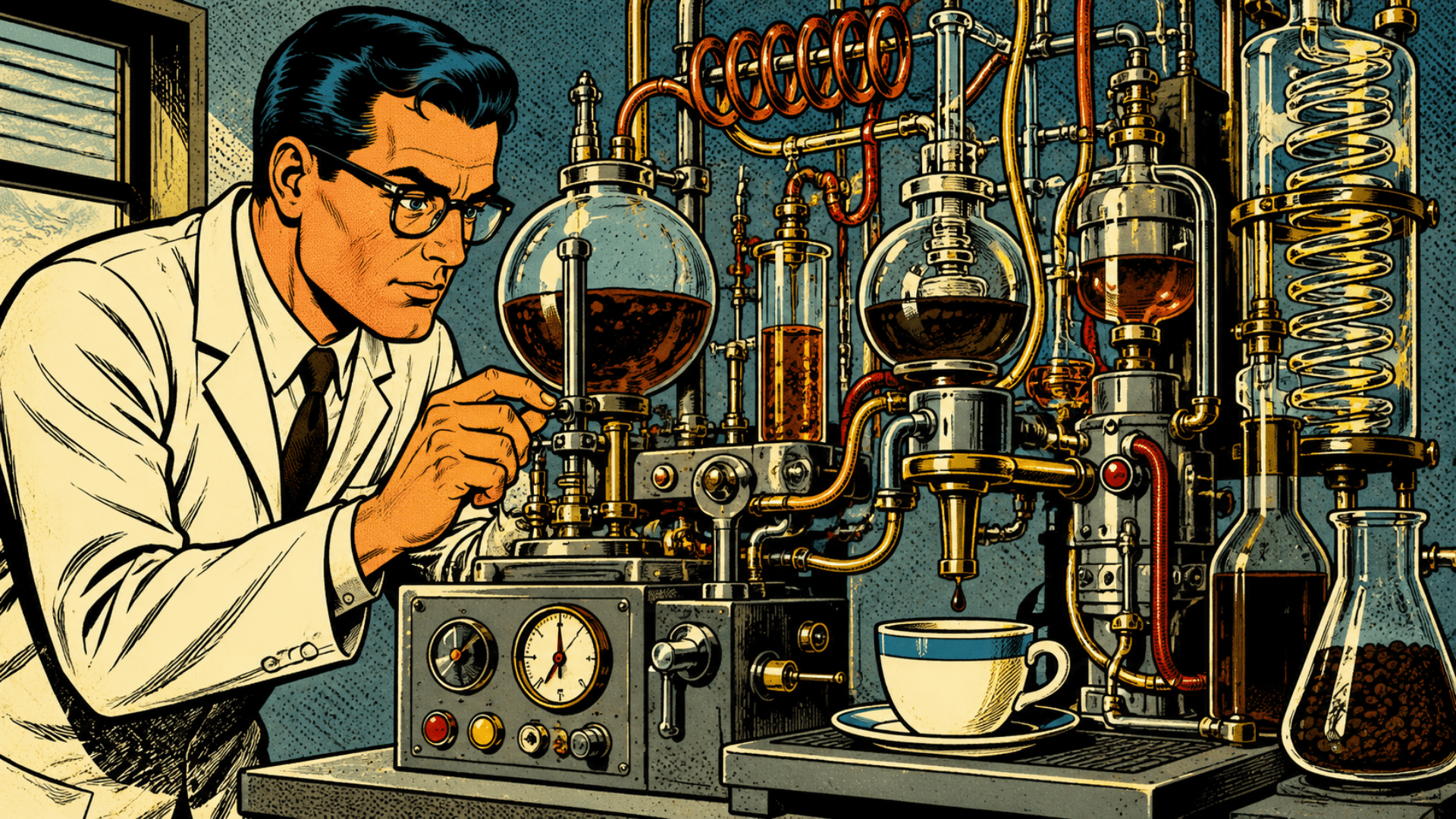 A retro American comic book illustration of a scientist in a laboratory carefully operating a large, intricate machine made of glass flasks, coils, tubes, valves, and gauges. The elaborate apparatus produces a single drop of coffee that falls into a white coffee cup. The scene is rendered in a vintage comic style with bold ink lines, halftone textures, and muted mid-century colors.