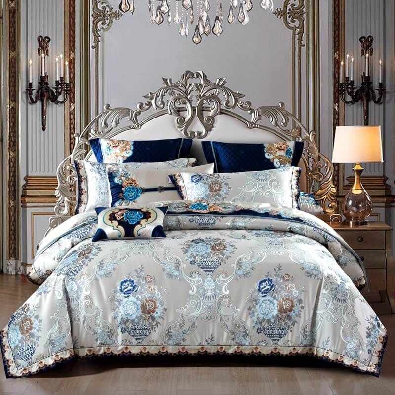 Luxury Royal Silver Satin Cotton Jacquard Duvet Cover Set