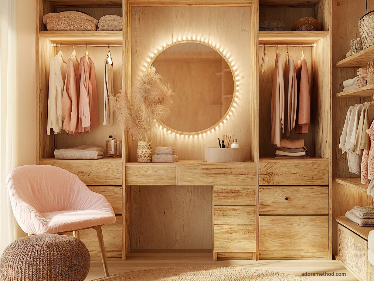 Dressing en bois clair avec éclairage intégré autour d’un miroir rond, fauteuil rose et rangement organisé.