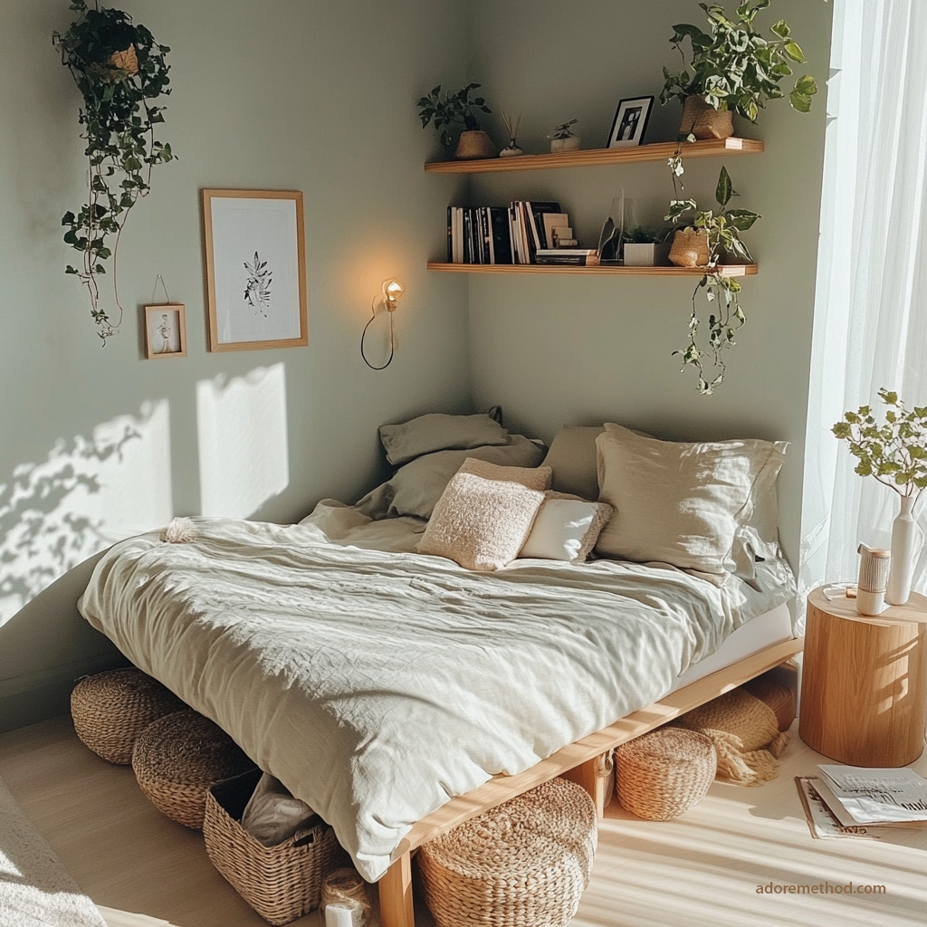 Petite chambre lumineuse avec lit bas, paniers de rangement, murs vert sauge, plantes suspendues et étagères en bois.