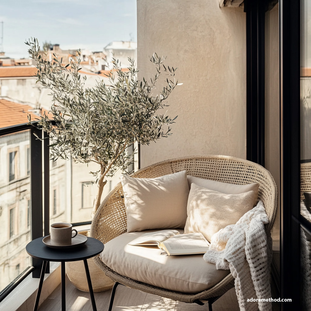 Un petit balcon cosy avec un fauteuil en rotin, un plaid doux et un olivier pour une touche méditerranéenne.