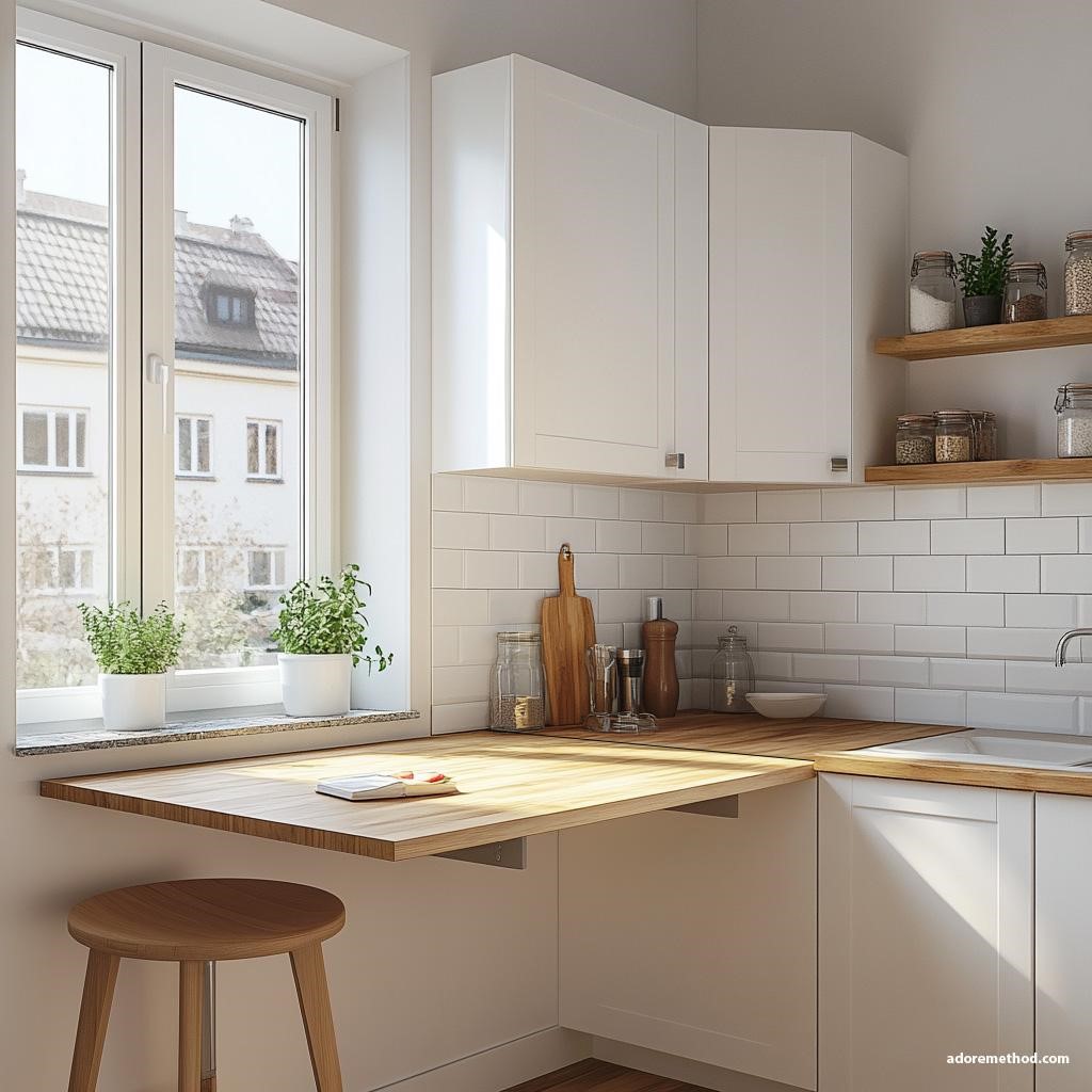 Plan de travail rabattable en bois clair dans une cuisine lumineuse.