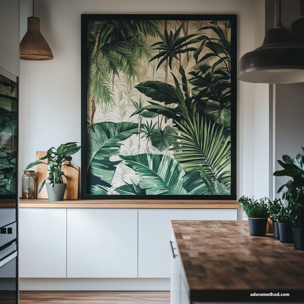 Cadre noir avec papier peint jungle dans une cuisine moderne.