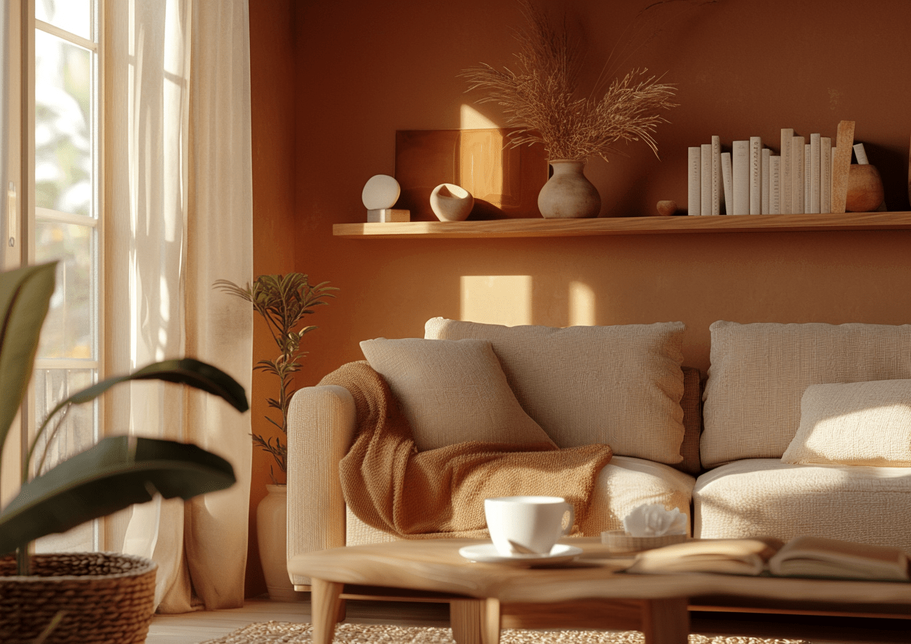 Salon moderne et minimaliste avec un canapé beige, une couverture en laine douce, une table basse en bois, et des étagères décorées d'objets artisanaux dans des tons terracotta et naturels, baigné par une lumière naturelle