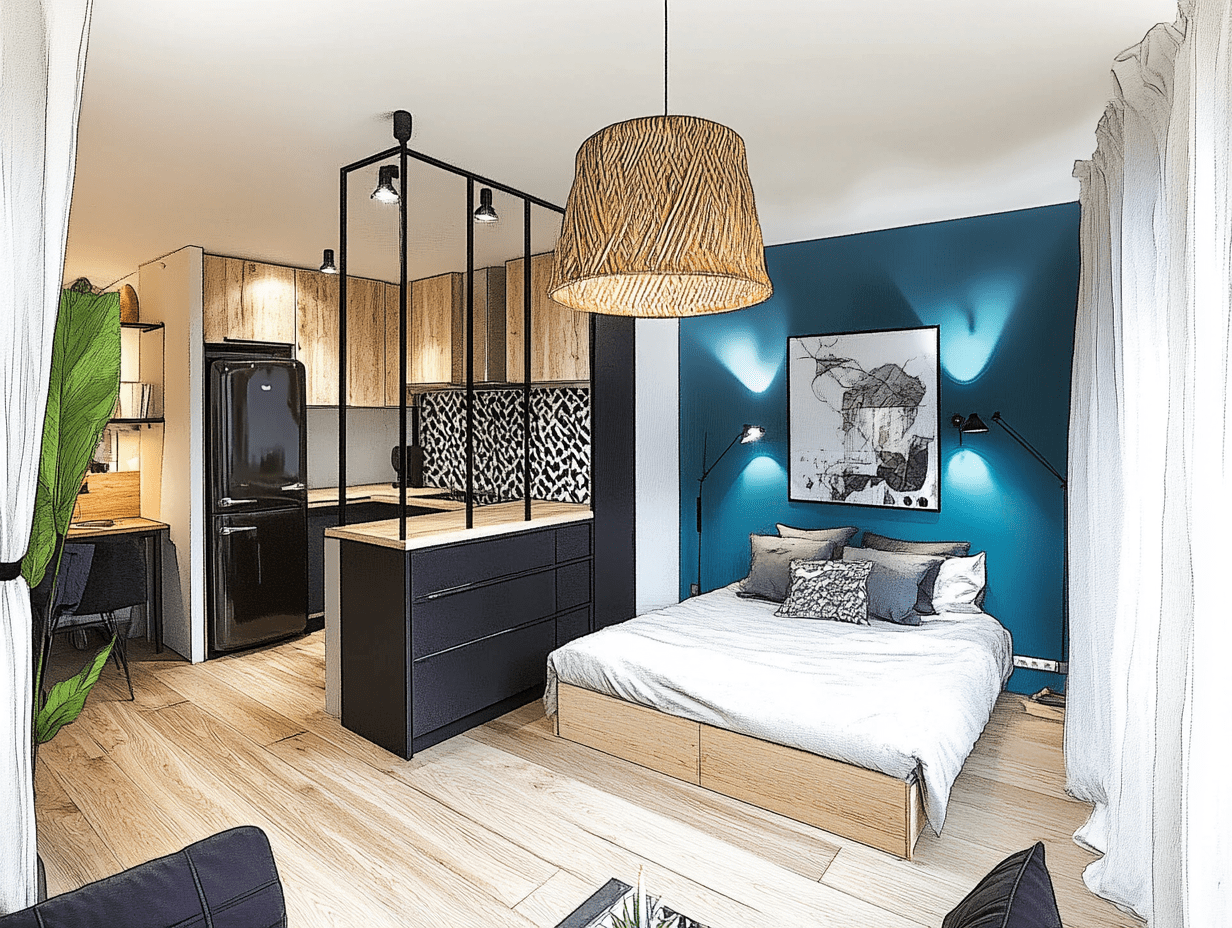 Illustration d’un studio optimisé avec un agencement multifonctionnel. Une verrière ajourée sépare la cuisine du coin nuit, tandis qu’un espace de travail est aménagé dans un coin. Ambiance moderne avec des touches bois et noir, contrastée par un mur bleu profond.