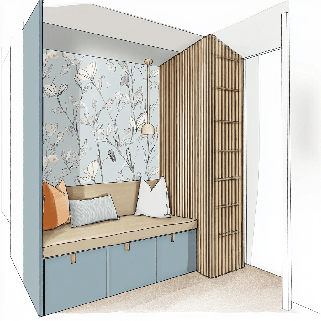 Illustration d’un espace optimisé avec un banc intégré, des rangements dissimulés et une cloison en tasseaux de bois. Un aménagement astucieux inspiré de la méthode ADORE pour structurer et embellir un intérieur.