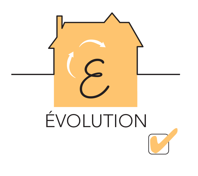 Logo de l’étape Évolution de la méthode ADORE, représentant une maison stylisée en orange avec des flèches circulaires, symbolisant l’adaptabilité et l’amélioration continue de l’aménagement intérieur.