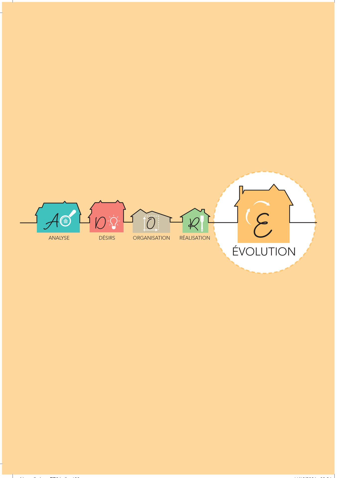 Illustration de l’étape Évolution de la méthode ADORE, représentant une maison stylisée en orange avec des flèches circulaires, symbole de l’adaptabilité et des ajustements dans l’aménagement intérieur.