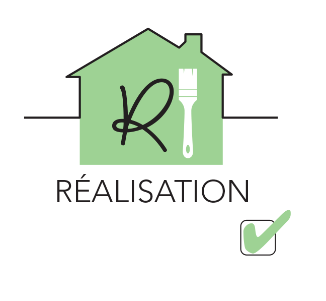 Illustration de l’étape Réalisation de la méthode ADORE, représentant une maison stylisée en vert avec un pinceau, symbole du passage à l’action pour concrétiser son aménagement intérieur.