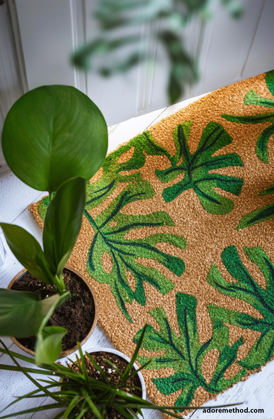 Paillasson en fibre naturelle orné de feuilles de monstera vertes, entouré de plantes en pot sur un sol blanc.