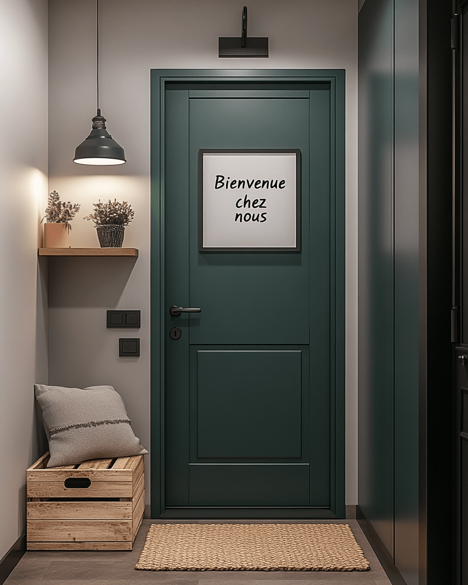 Entrée d’appartement moderne avec porte verte, tapis tressé, caisse en bois avec coussin, lampe suspendue et cadre “Bienvenue chez nous”.