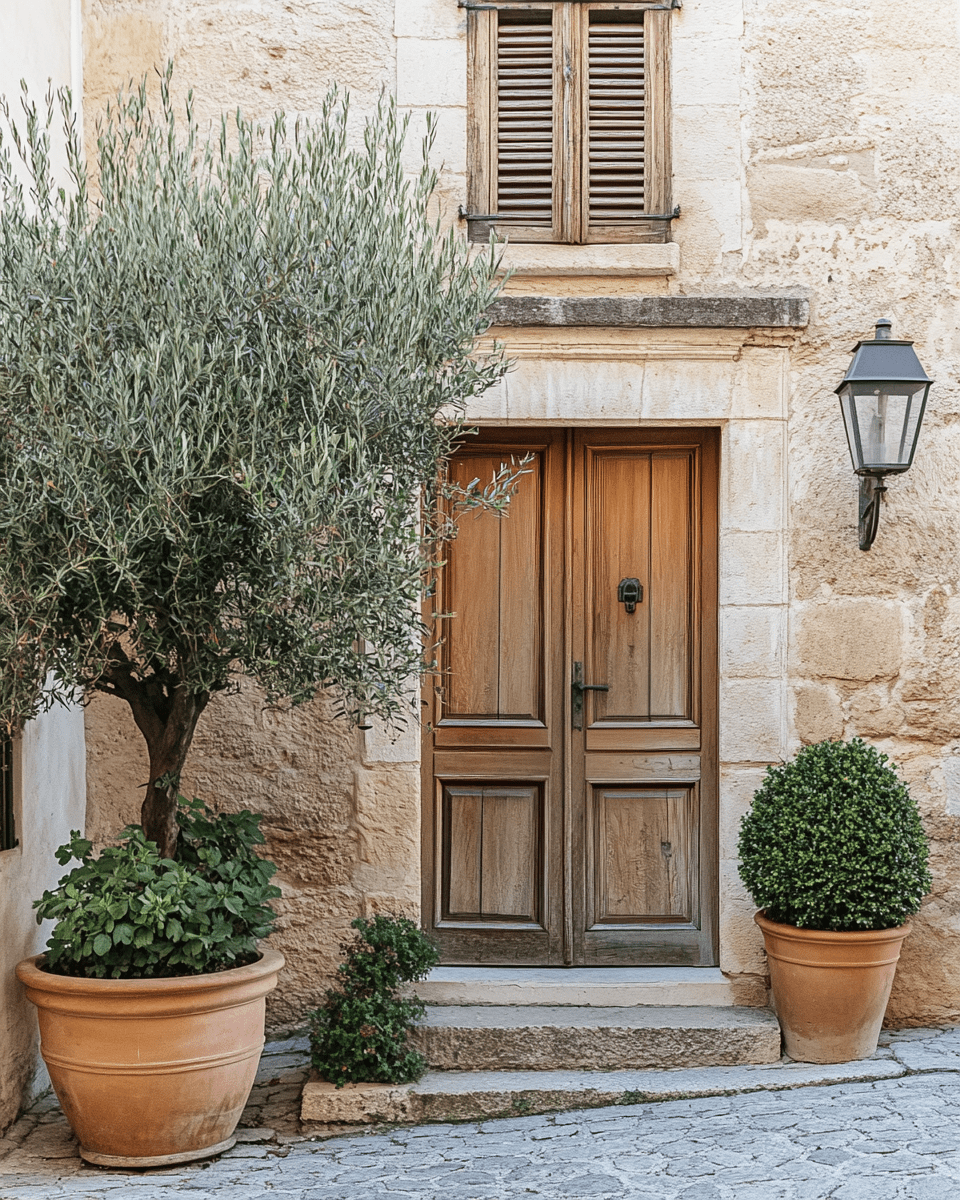 Entrée de maison en pierre avec porte en bois, olivier en pot et lanterne murale.
