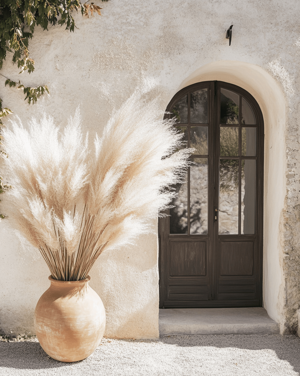 Entrée méditerranéenne avec porte cintrée foncée et grand vase en terre cuite rempli d’herbes de la pampa.