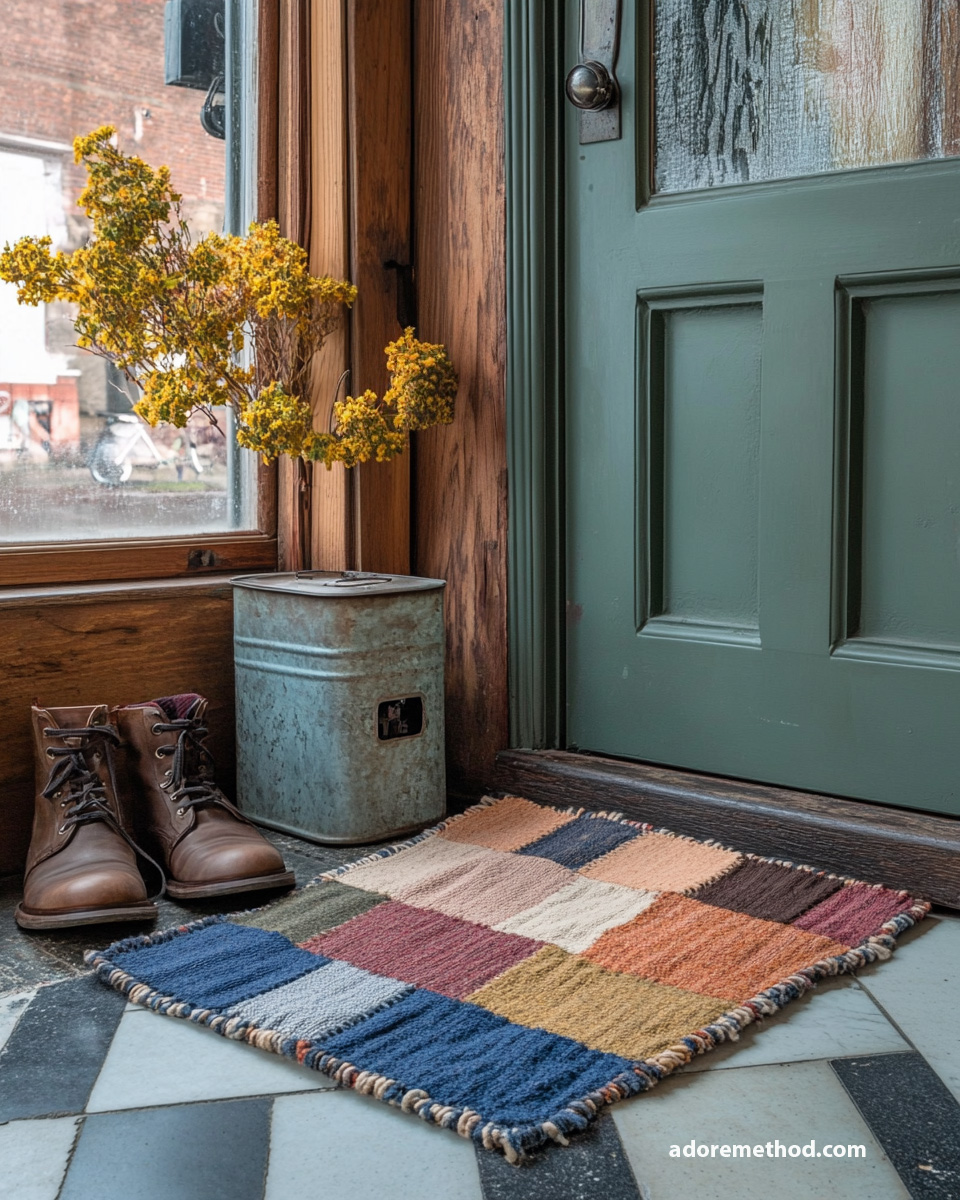 Entrée chaleureuse avec une porte vert olive, un paillasson patchwork coloré, des bottines en cuir et un pot en métal vintage.