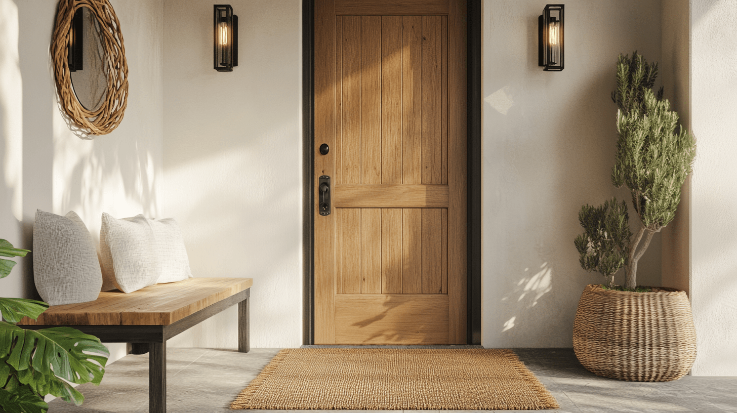 Entrée chaleureuse avec une porte en bois naturel, des luminaires élégants, un banc en bois avec coussins et des éléments naturels comme un panier en osier et une plante en pot.