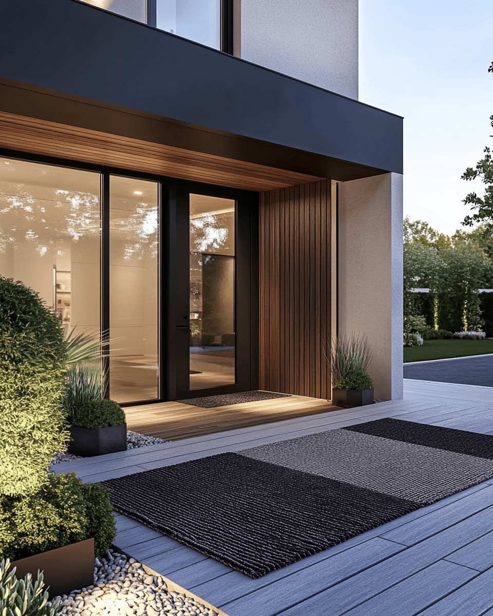 Entrée de maison moderne avec bardage en bois, tapis extérieur design et éclairage chaleureux.