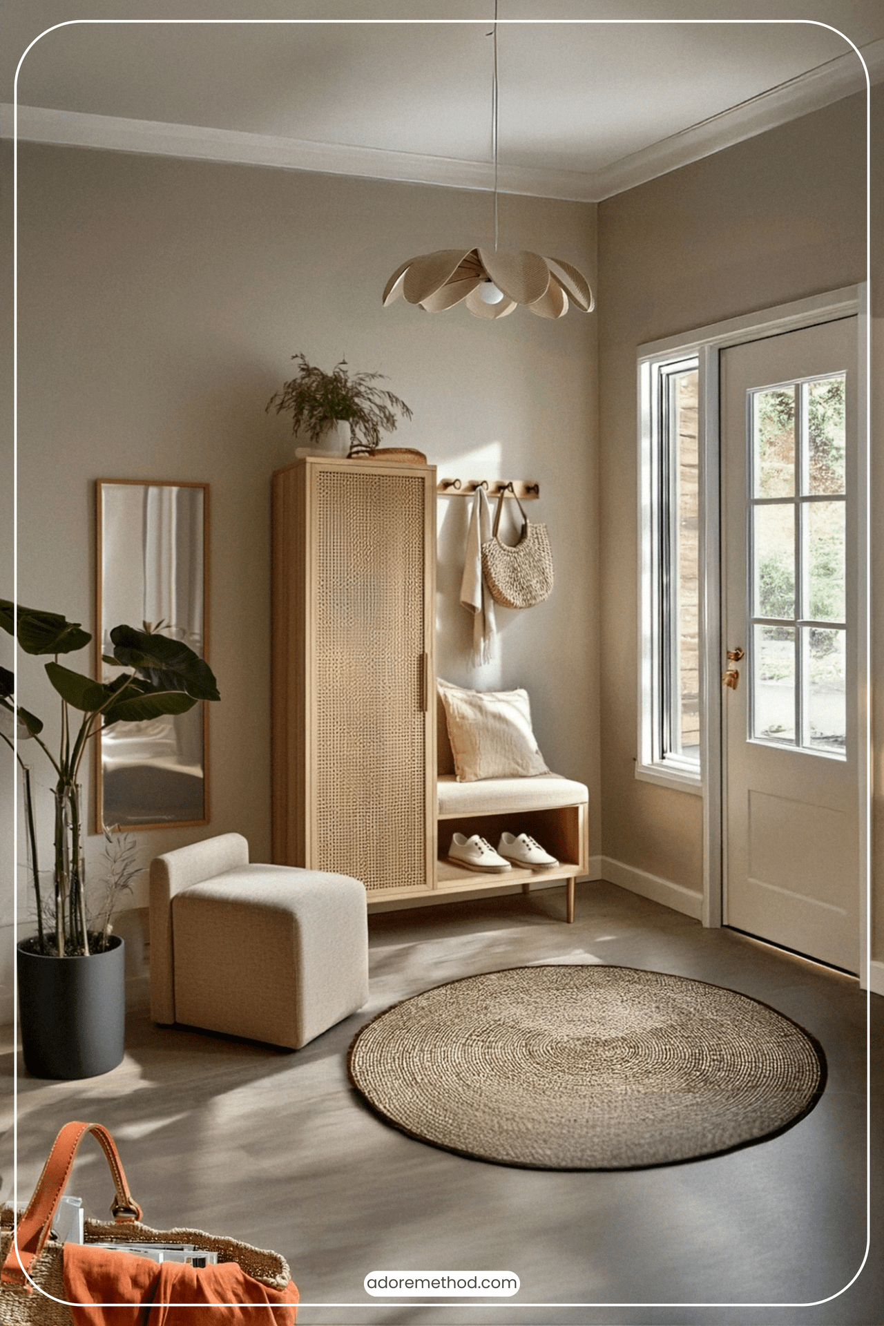 Vestiaire en rotin tressé avec banc et rangement, dans une entrée lumineuse au style naturel et élégant.