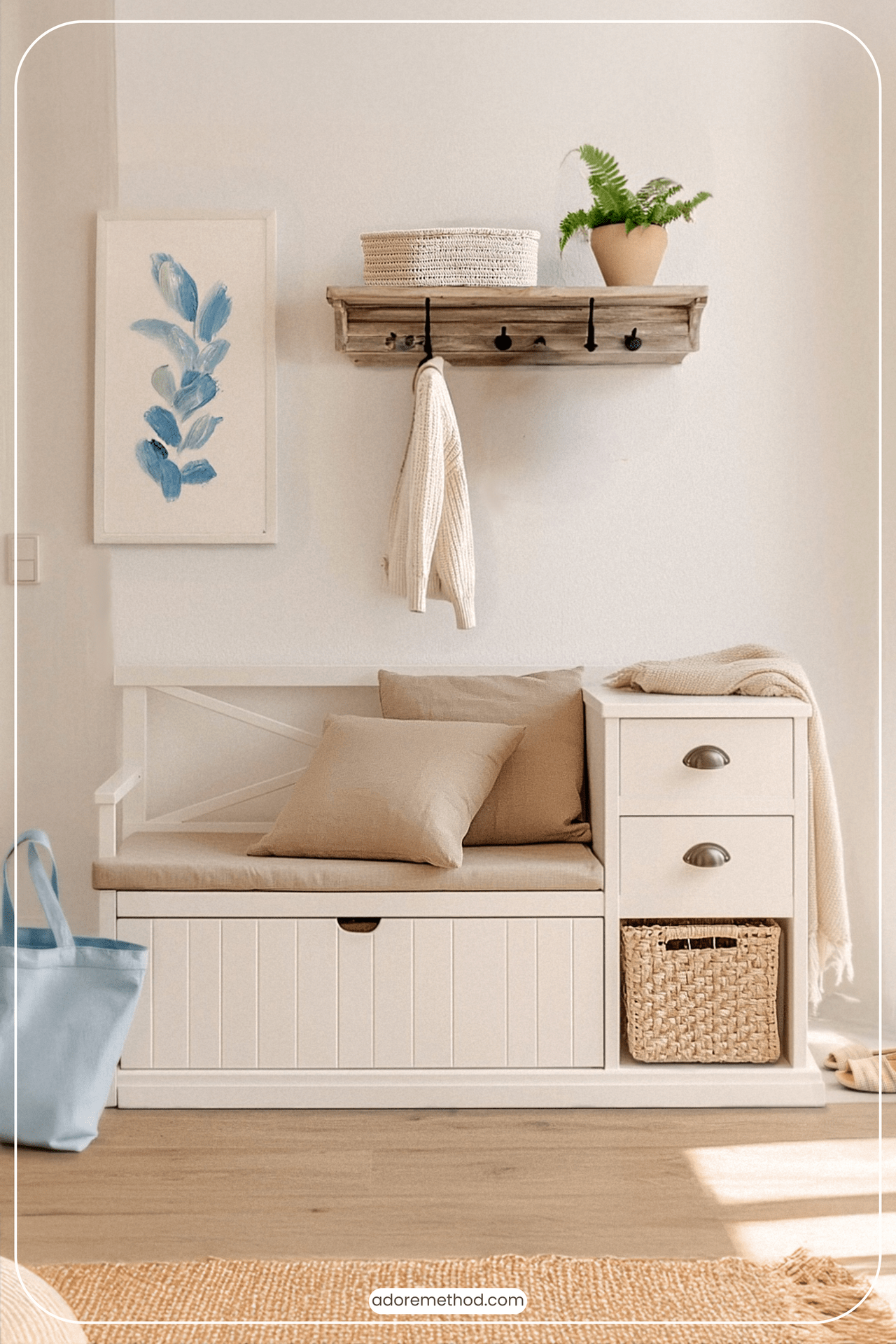 Découvrez ce meuble d’entrée blanc multifonction NEWPORT, parfait pour aménager une petite entrée. Ce meuble 3-en-1 combine assise confortable, grand coffre, tiroirs de rangement et panier en rotin. Un allié pratique et esthétique pour gagner de la place et organiser chaussures, accessoires et petits objets du quotidien. Son design lumineux et naturel s’intègre facilement dans un intérieur doux et chaleureux.
