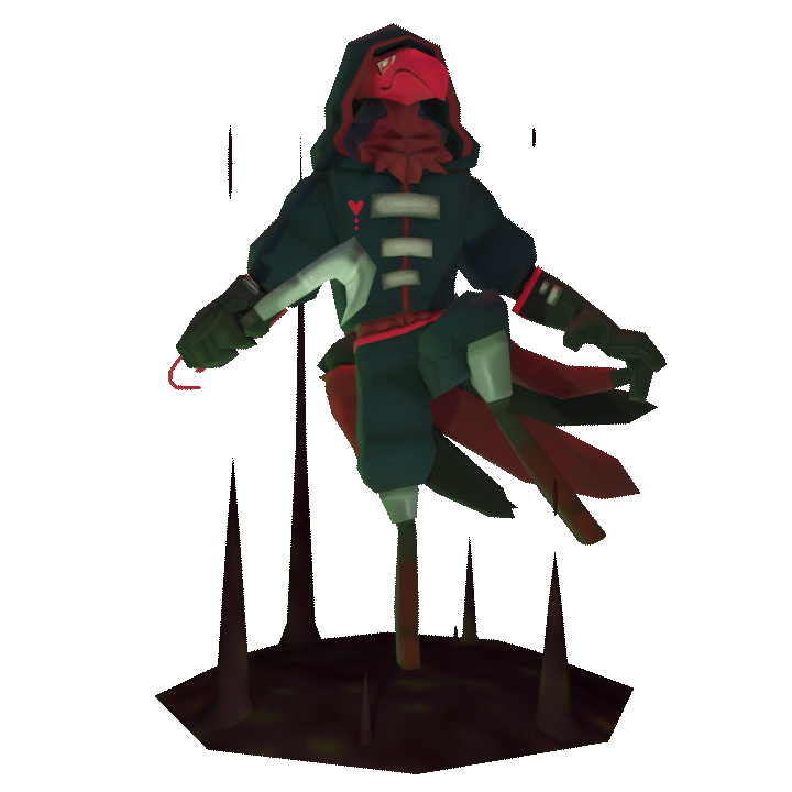 3D render of a humanoid with rooster like features and a sycle knife