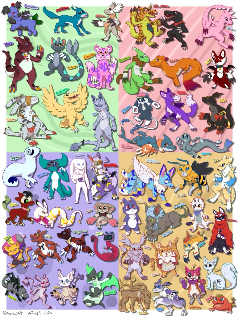 Digital drawings of many little monsters based on the series Digimon.